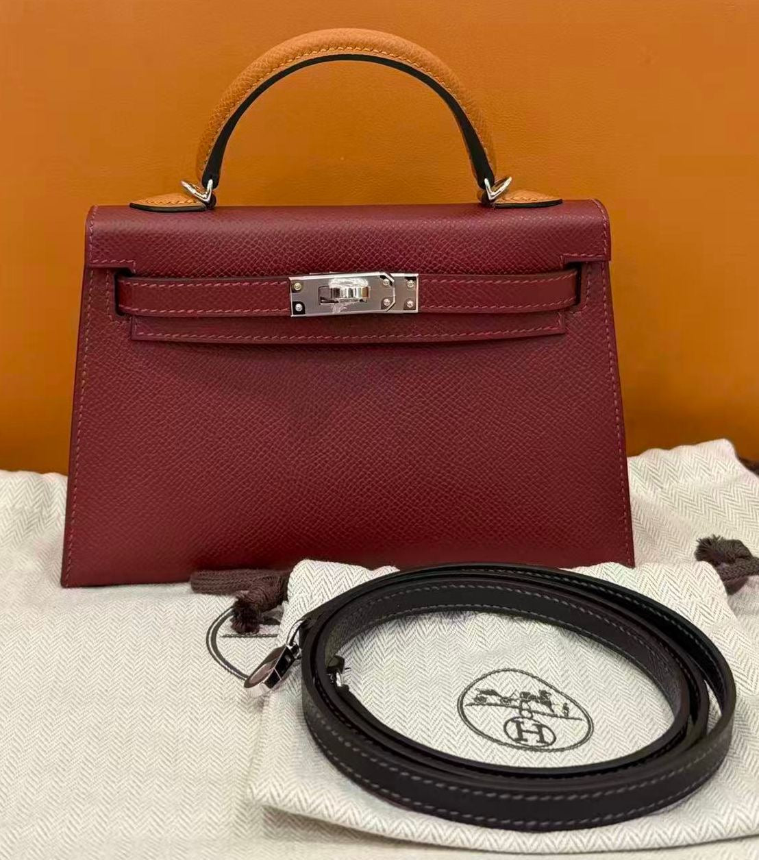 Hermes Mini Kelly 20 Tricolor Rouge H / Gold / Bai Brun Epsom Palladium hardware