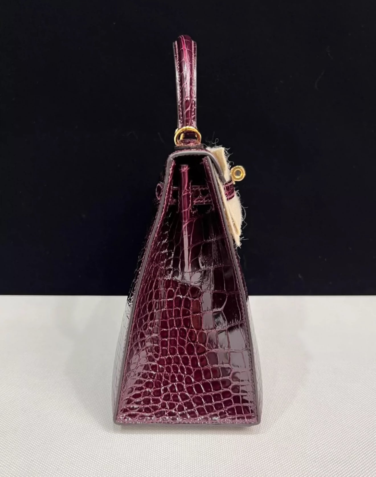 HERMES Kelly 25 Bordeaux Shiny Alligator Leather gold hardware