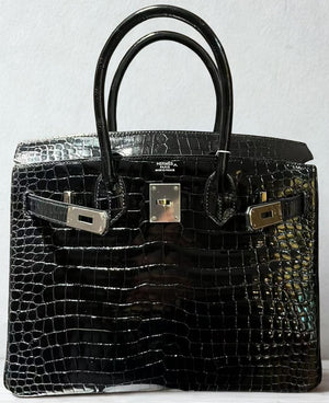 Hermes Birkin 30 Black Shiny Porosus Palladium hardware