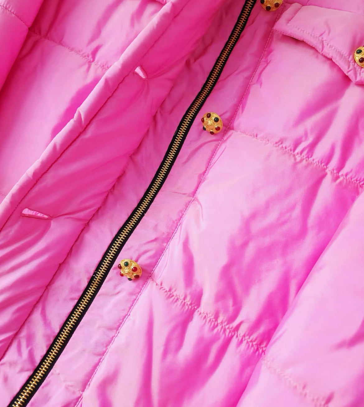 Rare Vintage Chanel by Karl Lagerfeld pink silk puffer coat with Gripoix buttons, fw 1996