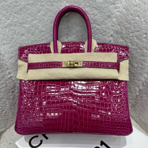 Hermes Birkin 25 rose poupre shiny porosus leather gold hardware