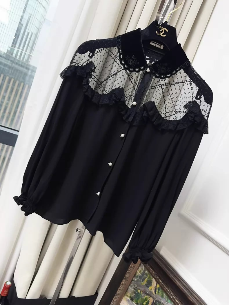 Miu Miu black silk and lace-trimmed shirt