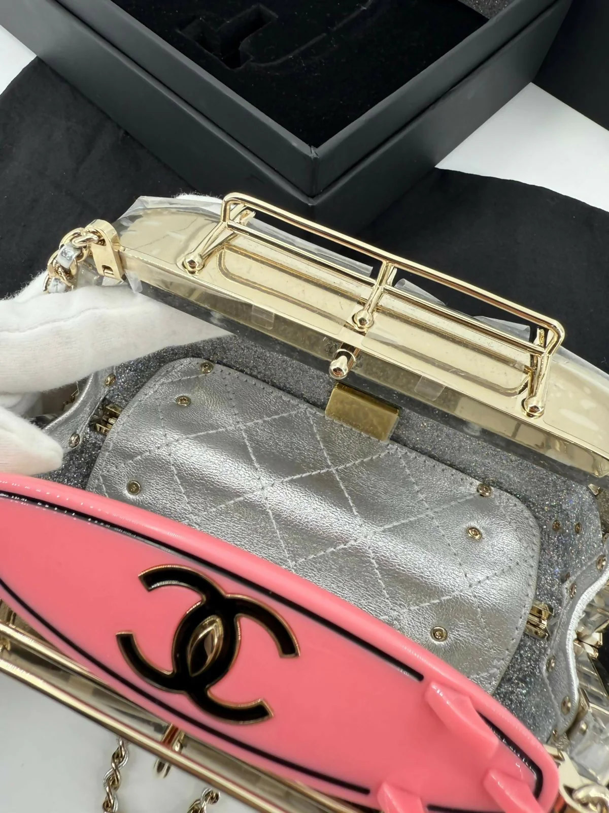 Chanel Cruise 24C Silver Glitter Lucite, Multicolor Rhinestone & Enamel Hollywood Mini Van Minaudière with Light Gold Hardware