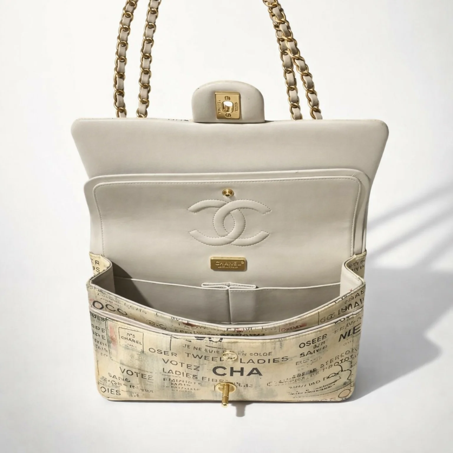 CHANEL 15S GRAFFITI NEWSPAPER CLASSIC MEDIUM DOUBLE FLAP BAG