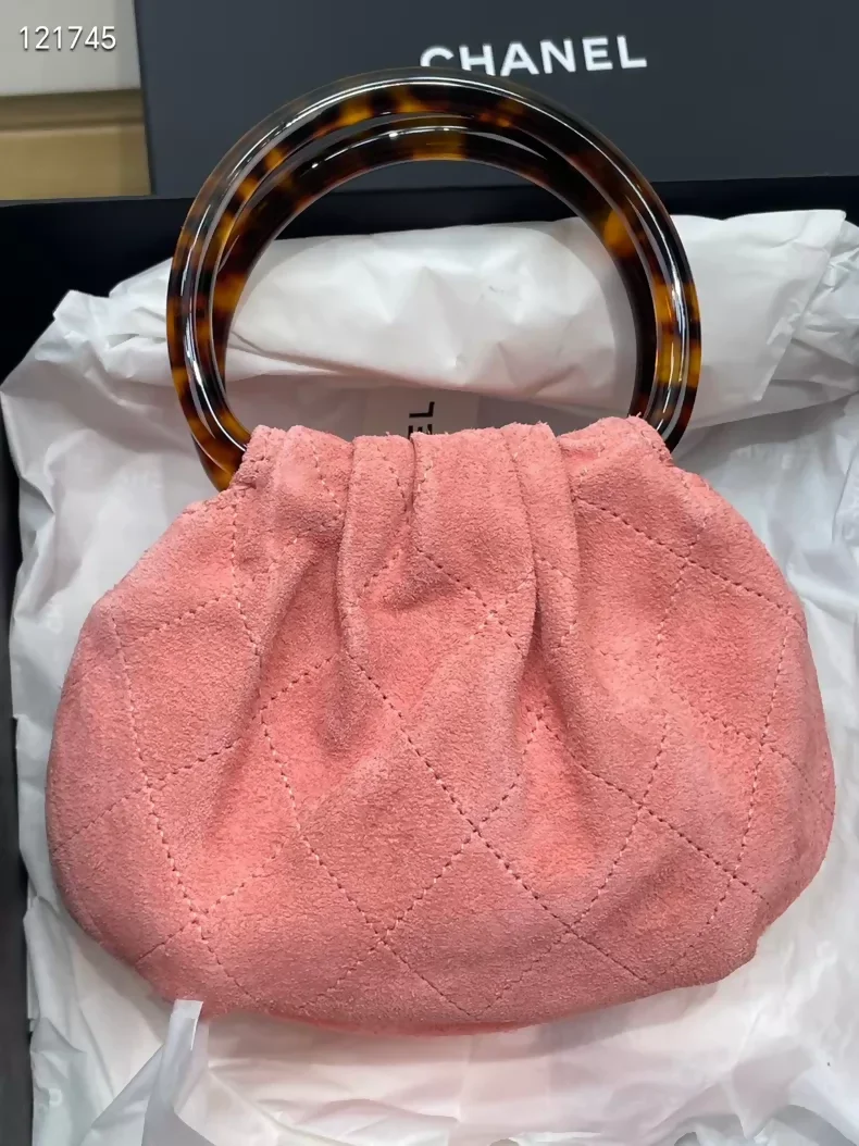 Chanel 26C tortoiseshell handle pink suede handbag