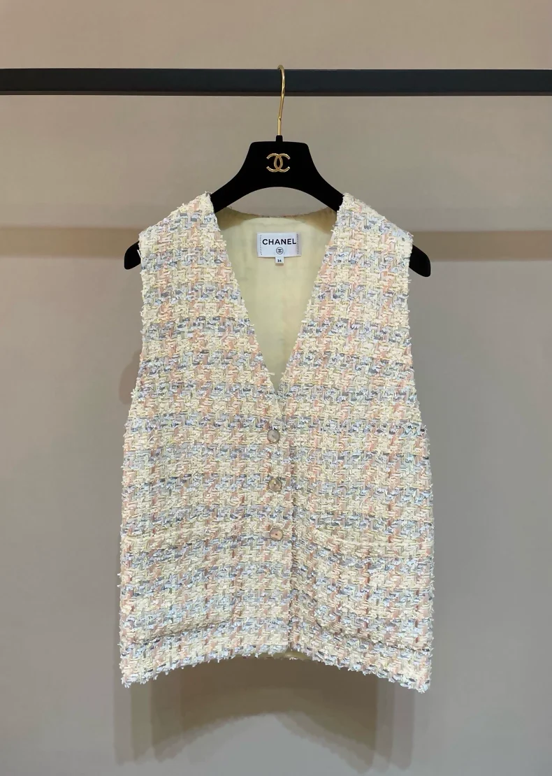 Chanel 25p pastel yellow tweed plaid vest
