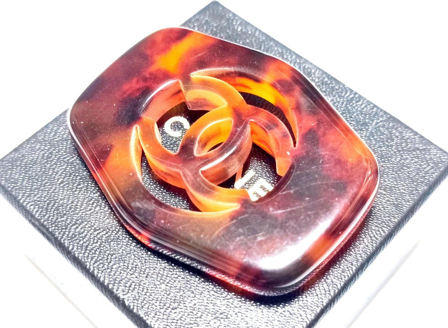 Chanel Vintage 97P Acrylic Tortoise Carved Quilted Hollow CC Logo Brooch
