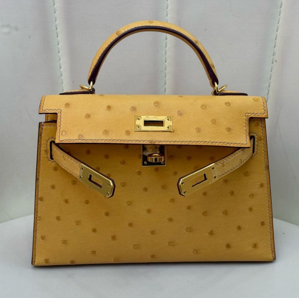 Hermes Mini Kelly 20 saffron ostrich leather gold hardware