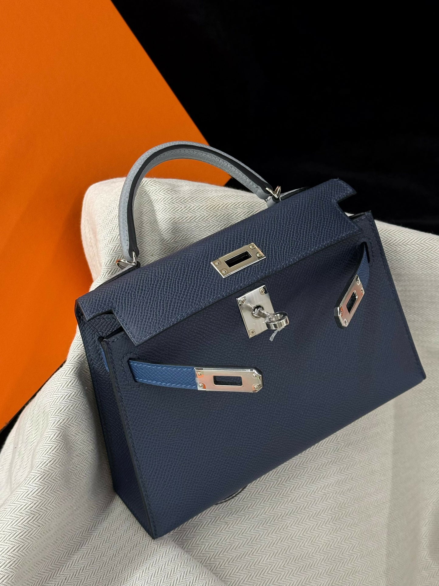 Hermès Mini Kelly 20 Tricolor Bleu Nuit, Mixed Blue  Gris Puppis with Gold/Palladium Hardware