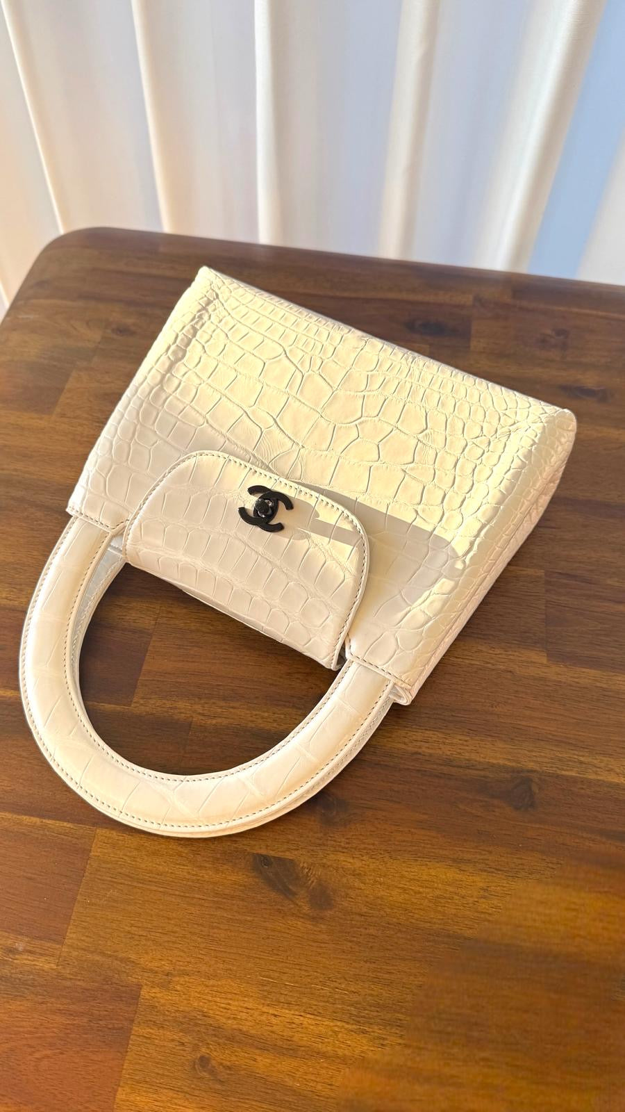 Chanel Vintage White Alligator Medium Kelly Black Hardware— Ultra-Rare House Exotic