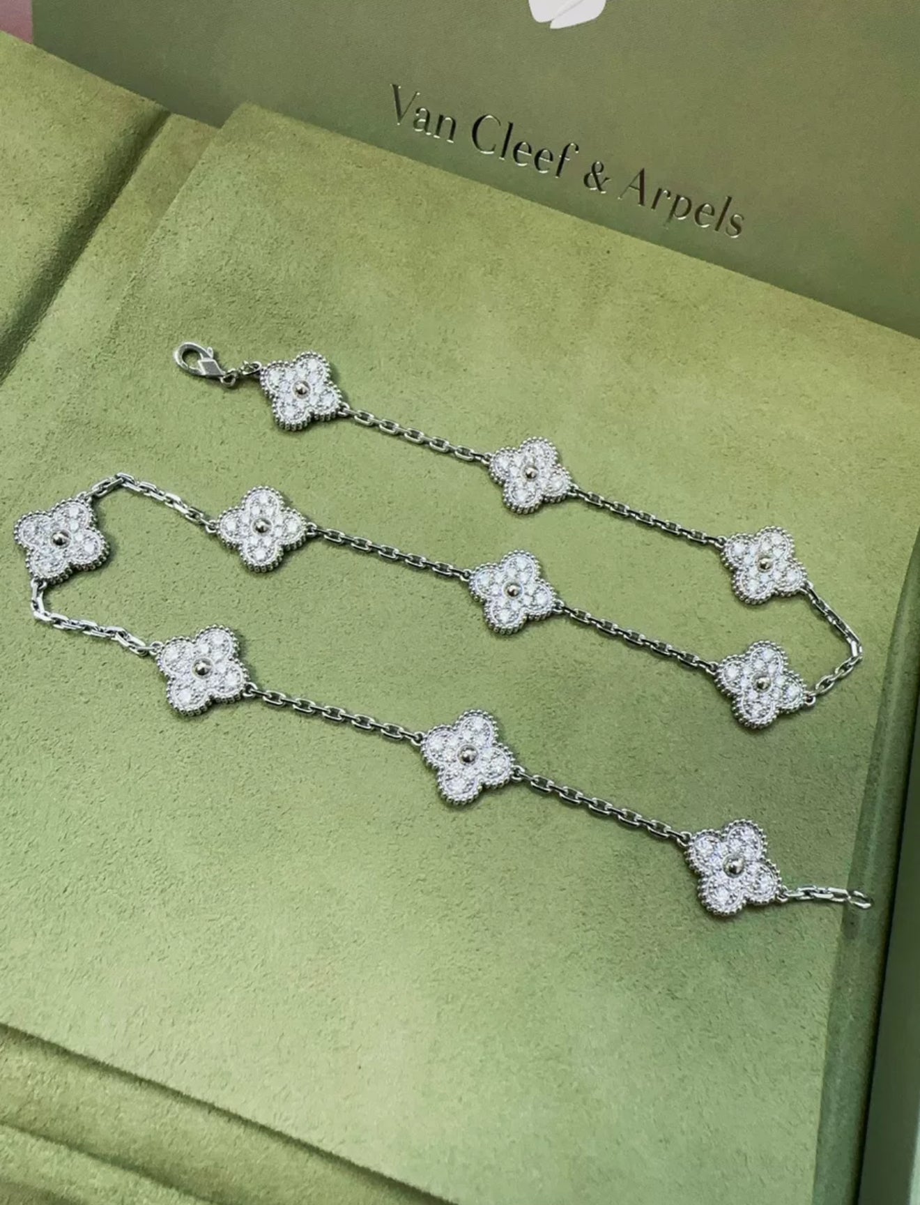 Van Cleef  Arpels 18k White Gold Diamond Set Vintage Alhambra Necklace