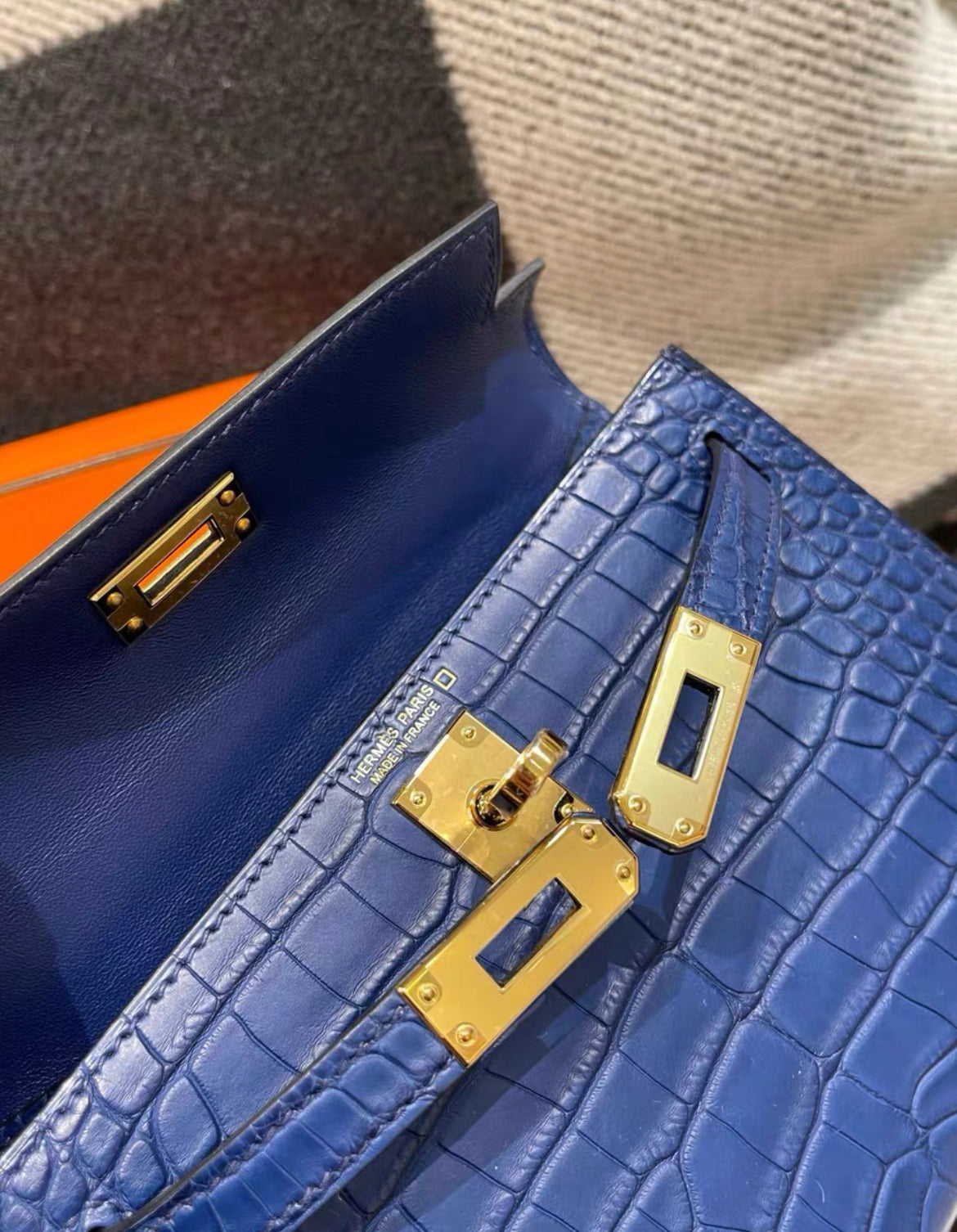 Hermès Mini Kelly 20 Blue Sapphire Blue Crocodile Matte Gold Hardware