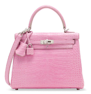 Hermès Kelly 25 Pink 5P Bubblegum  Gris Perle Matte Alligator with Brushed Palladium Hardware