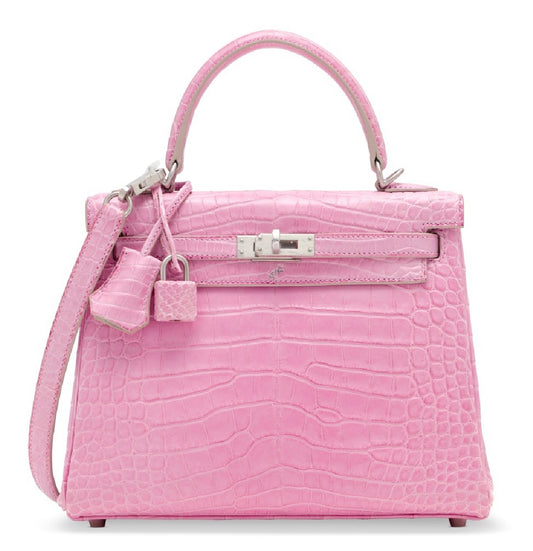 Hermès Kelly 25 Pink 5P Bubblegum  Gris Perle Matte Alligator with Brushed Palladium Hardware
