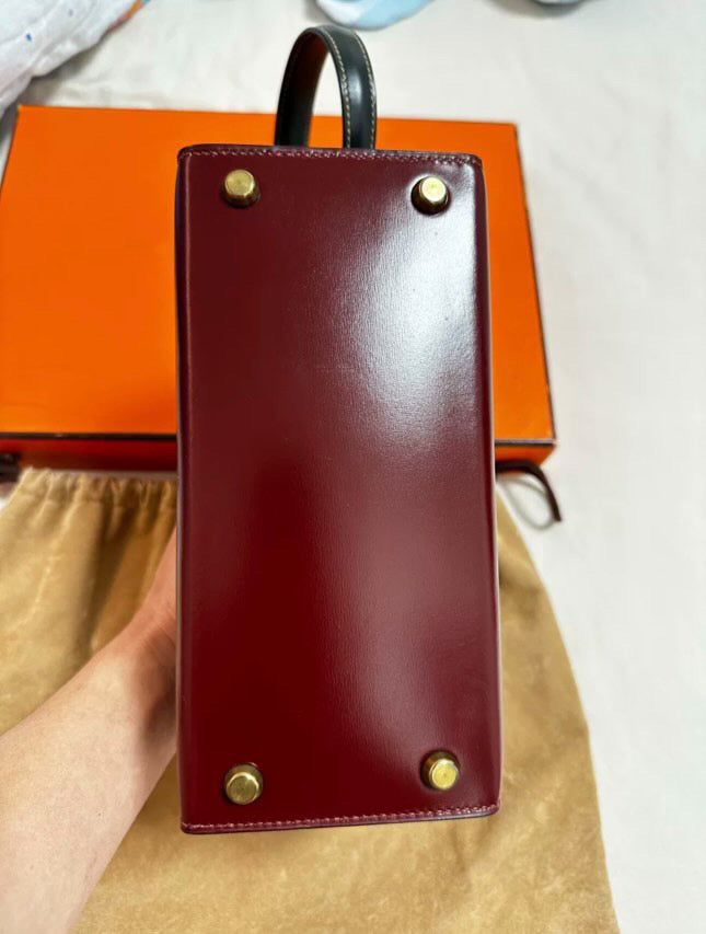 HERMES 80s KELLY 20 two Color’s Burgundy  Black Box Calf leather
