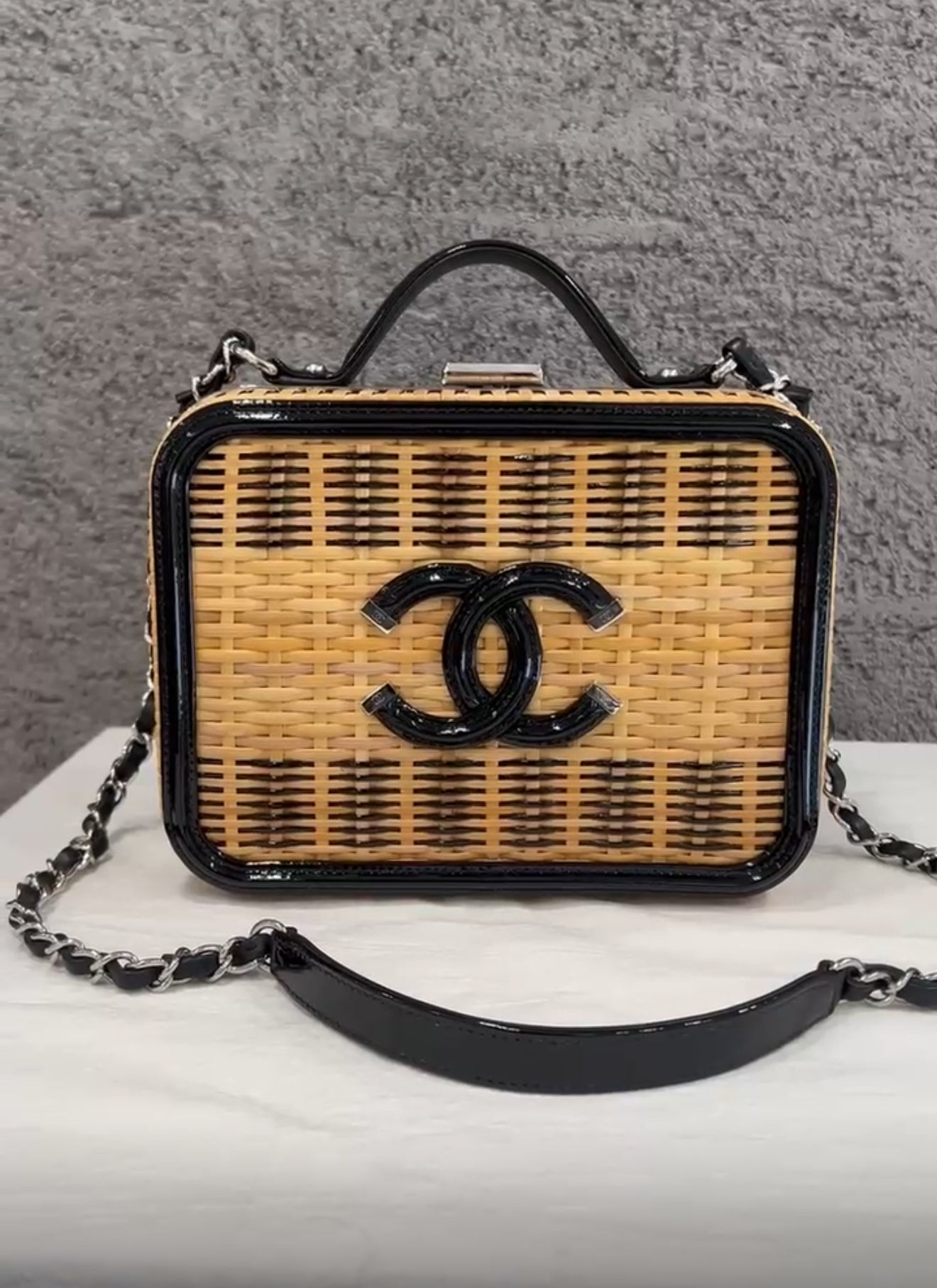 Chanel Vanity Case Beige  Black, Rattan, Patent Calfskin  Silver-Tone Metal