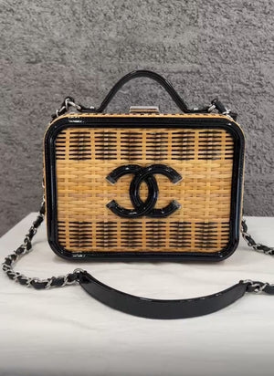 Chanel Vanity Case Beige  Black, Rattan, Patent Calfskin  Silver-Tone Metal