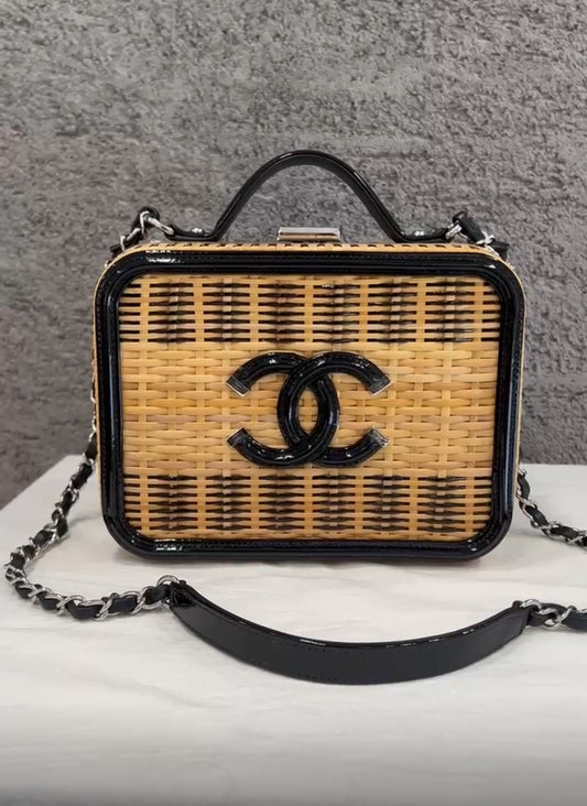 Chanel Vanity Case Beige  Black, Rattan, Patent Calfskin  Silver-Tone Metal