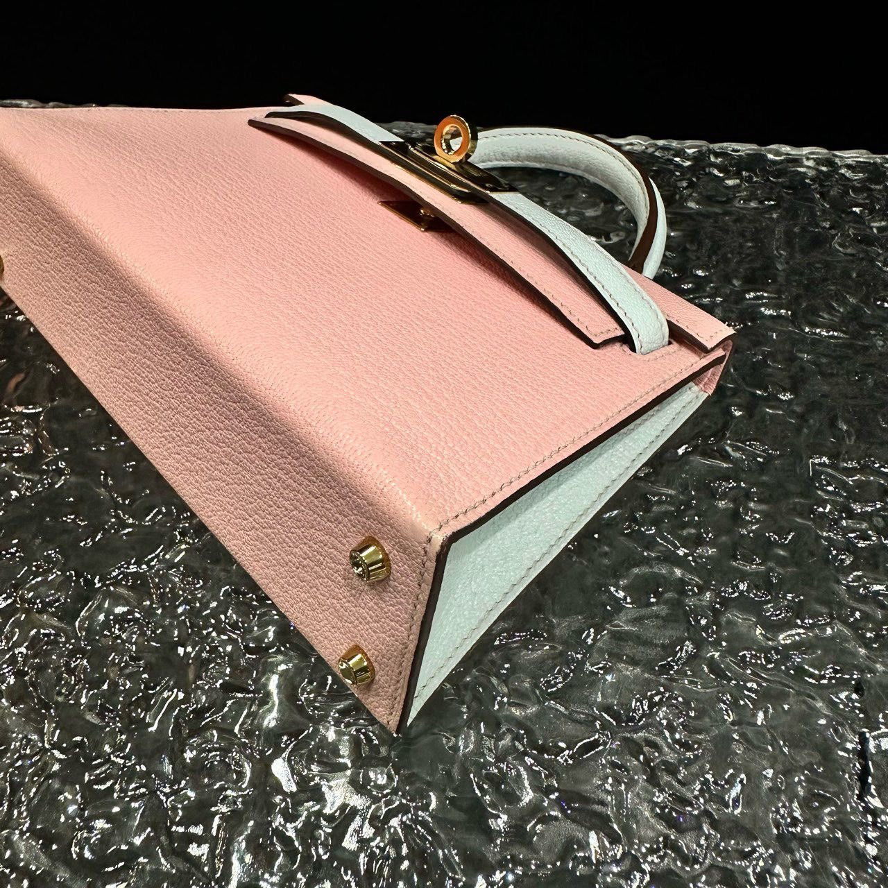 Hermes Mini Kelly II 20 Rose Sakura  Gris Perle Chèvre Gold Hardware