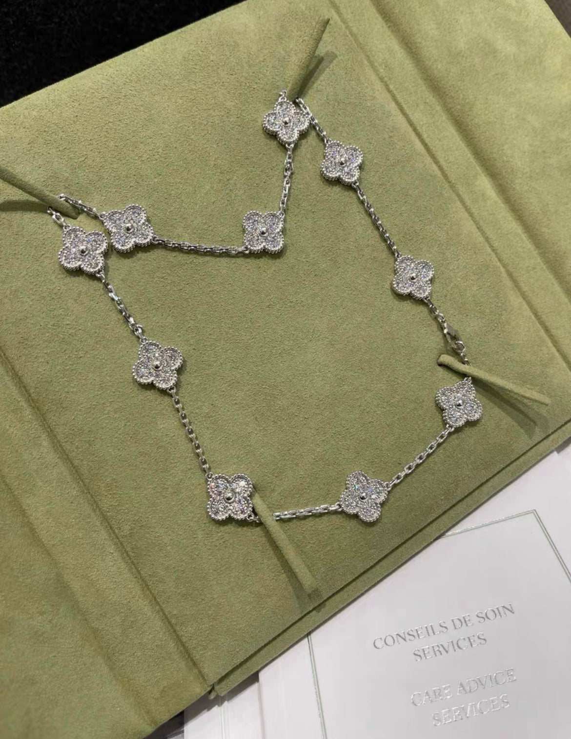 Van Cleef  Arpels 10 Motifs Vintage Diamond Alhambra 18k White Gold Necklace