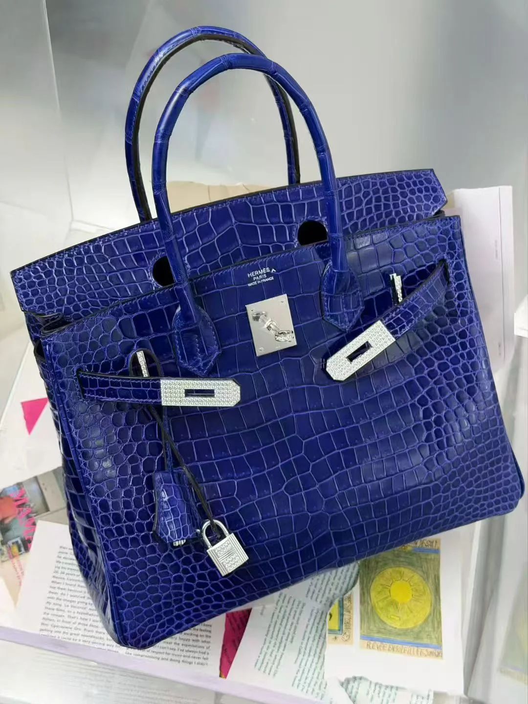 Hermès Birkin 30 Blue Electric Shinny Porosus crocodile Leather Gold Diamond Hardware