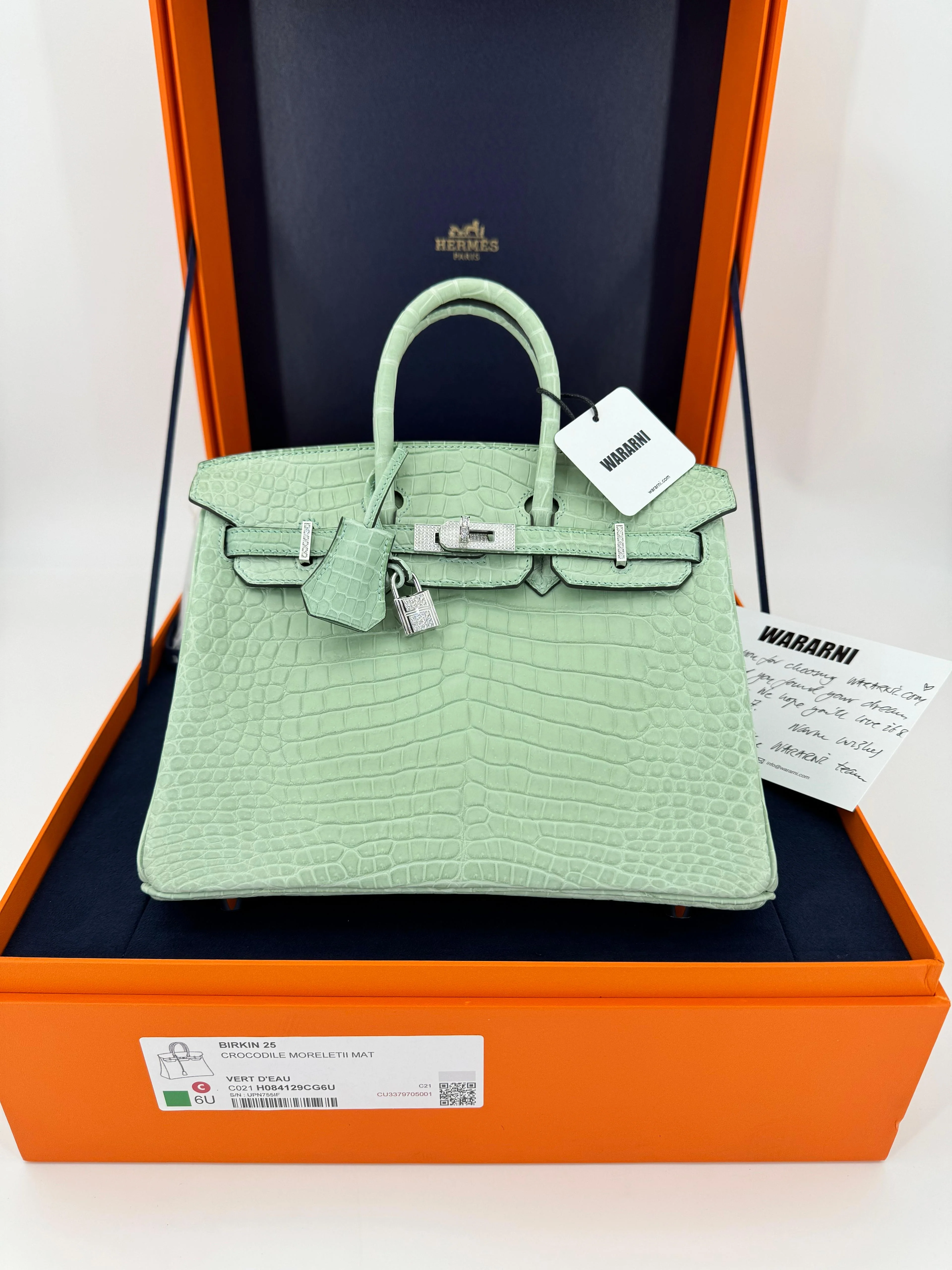 Hermès Birkin 25 Shiny Gris Neve Crocodile with 18K White Gold & Diamond Hardware