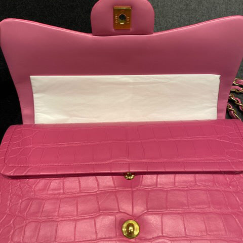 Super Rare Chanel Medium flap Pink Barbie Matte Alligator leather with gold hardware