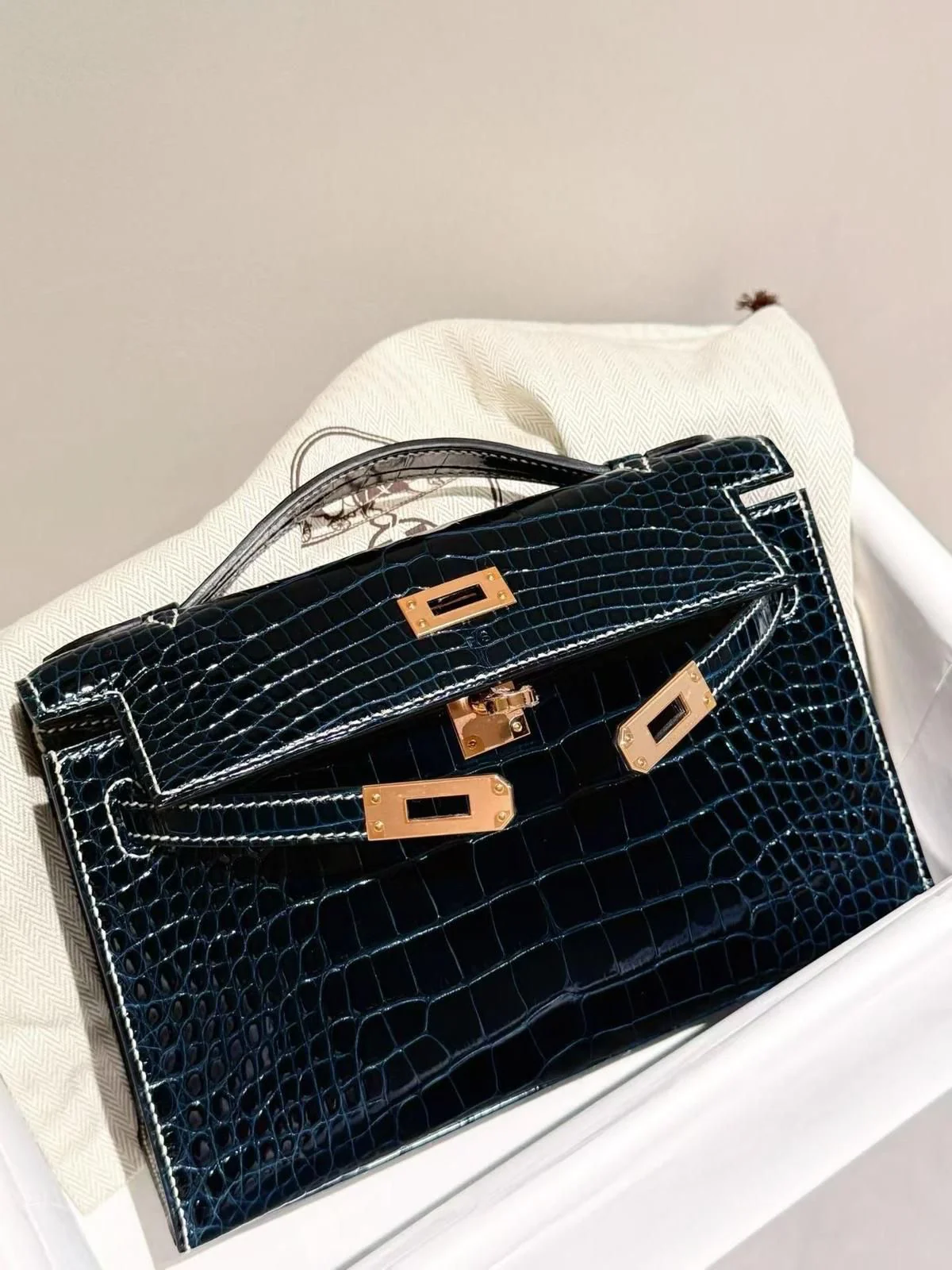 Hermes Kelly HSS Verso Bleu Baltique/Gris Perle Shiny Alligator Rose gold hardware