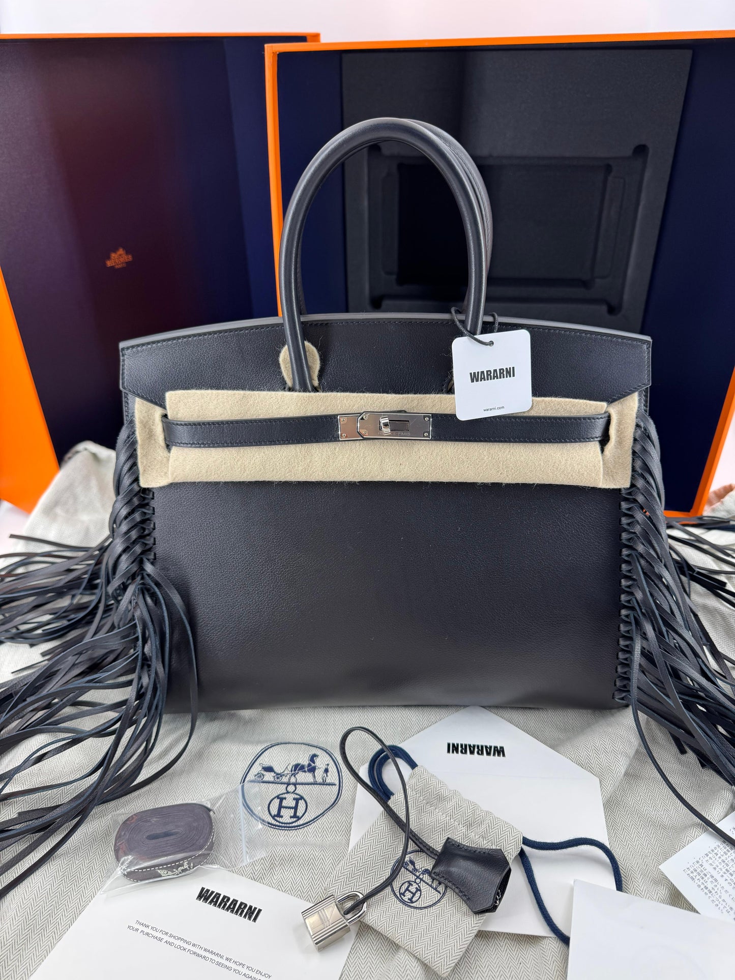 Hermès Birkin 35 Sellier Black Anate Fringe Evercolor leather Palladium Hardware
