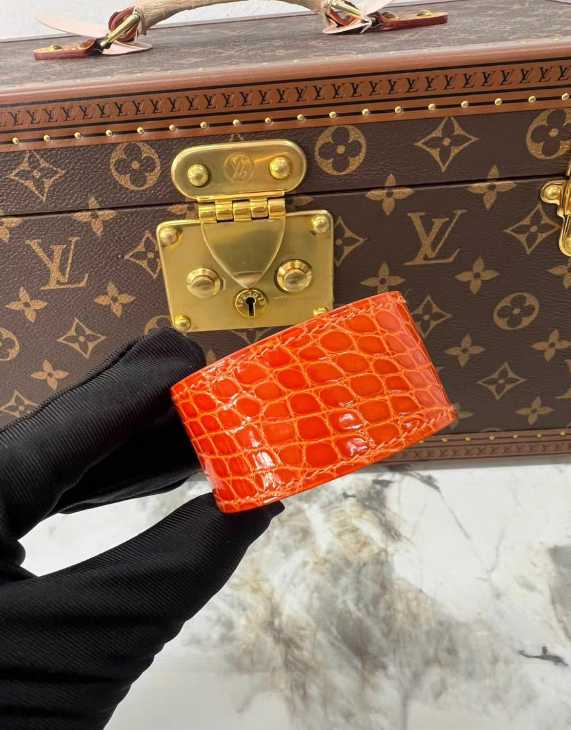 Hermès 18K Rose Gold Diamond  Orange Crocodile Kelly Bracelet
