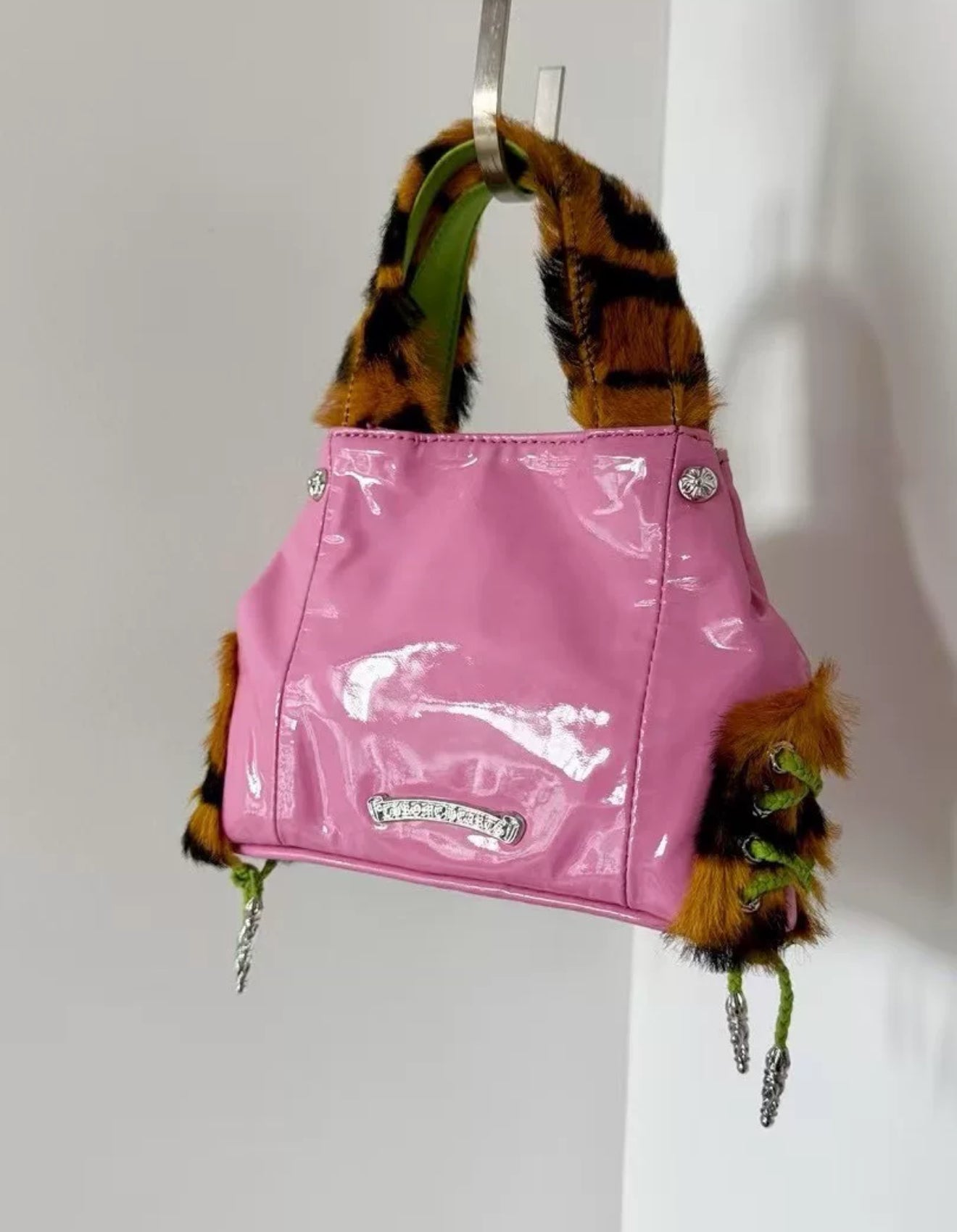 Rare Chrome Hearts JJ Dean shoulder bag in Pink, Green Patent Leather  Leopard Fur