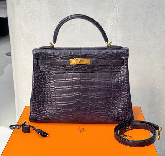Hermes Kelly 32 Aubergine purple Matte alligator leather gold hardware