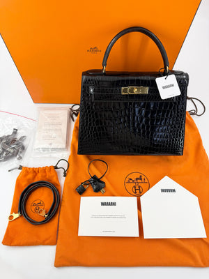 Hermes kelly 28 black shiny crocodile leather Gold hardware