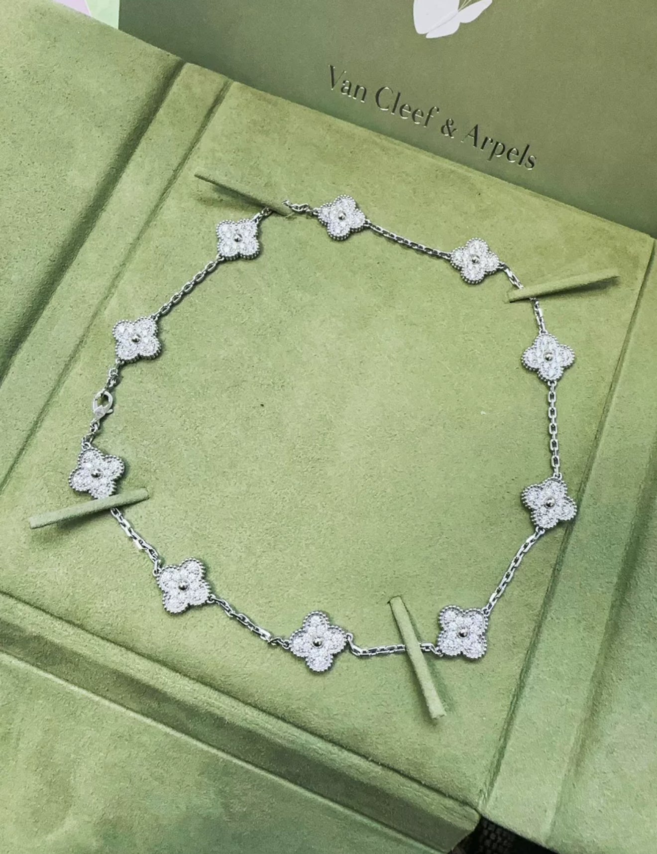 Van Cleef  Arpels 18k White Gold Diamond Set Vintage Alhambra Necklace