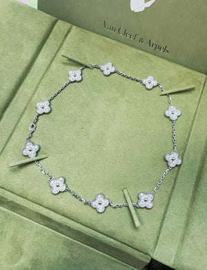 Van Cleef  Arpels 18k White Gold Diamond Set Vintage Alhambra Necklace