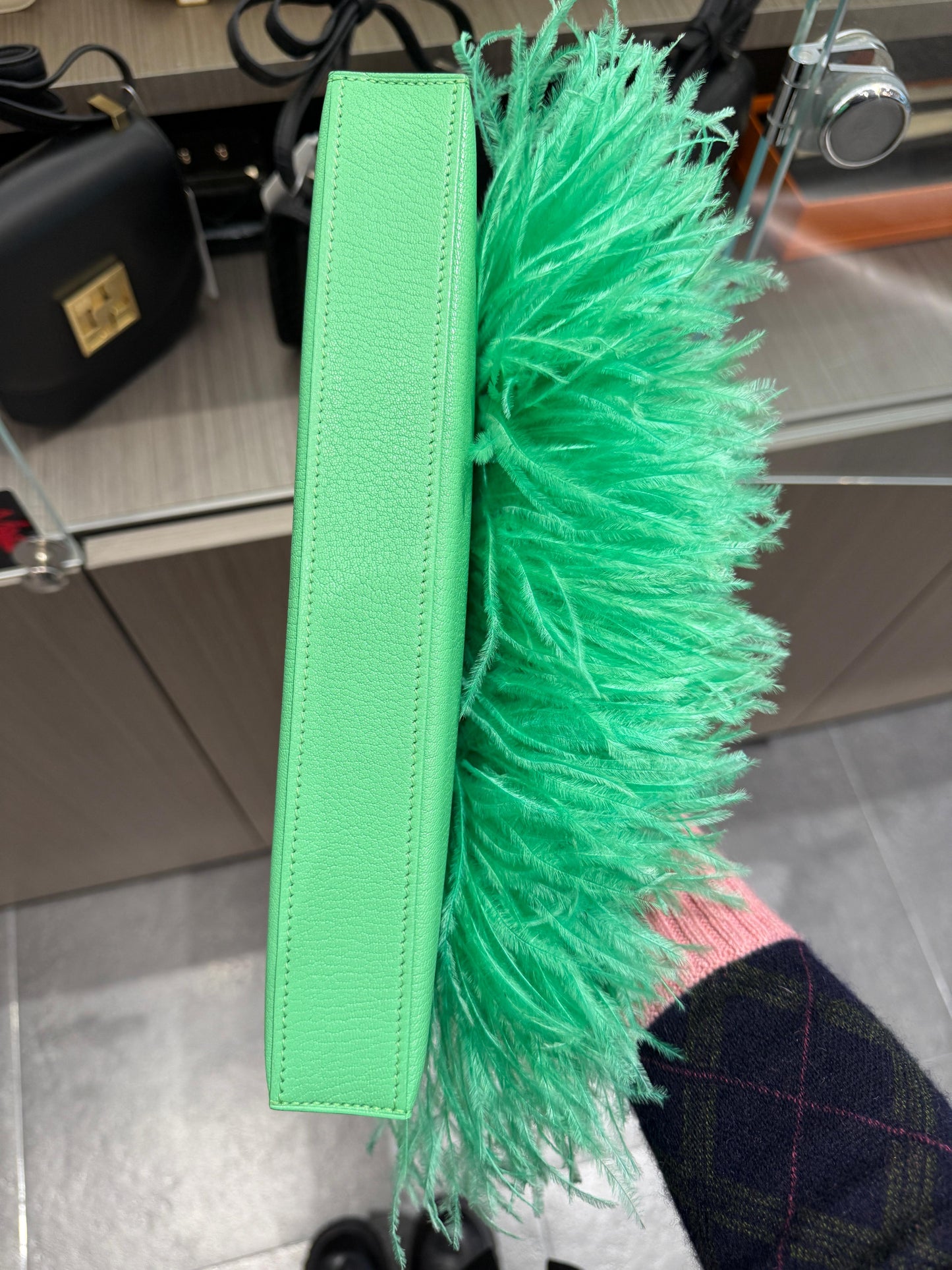 Hermès Kelly Elan Foile Vert Comics Chevre and Ostrich Feather Palladium Hardware