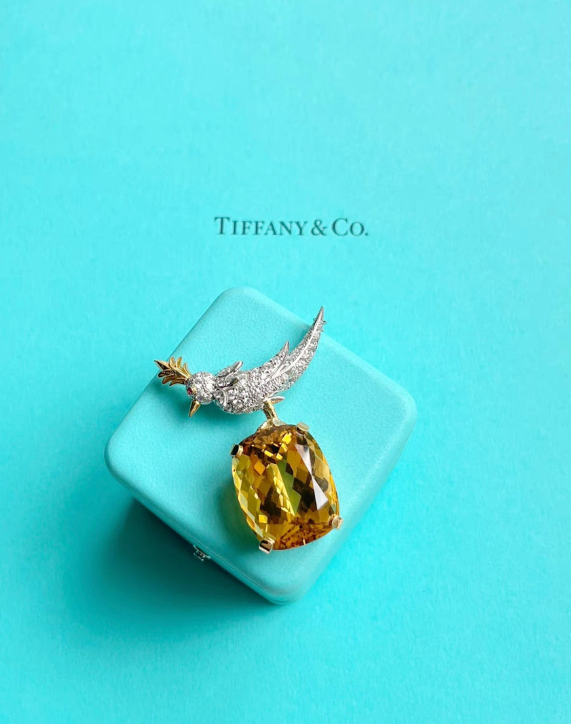 Tiffany  Co. Schlumberger Citrine Diamond Gold Bird on a Rock Brooch