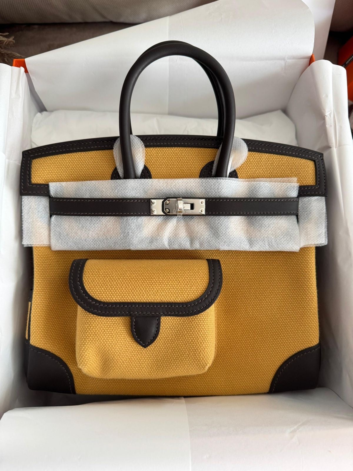 Hermes Birkin 25 Cargo Bai Brun Swift Paille Toile Palladium Hardware