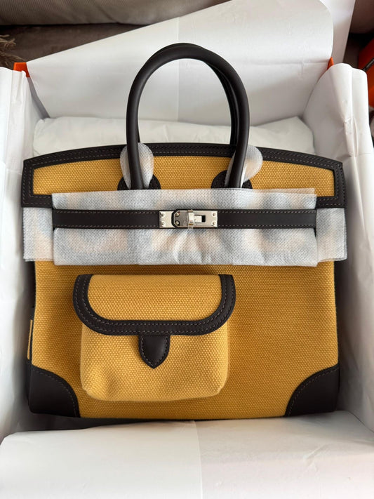 Hermes Birkin 25 Cargo Bai Brun Swift  Paille Toile Palladium Hardware