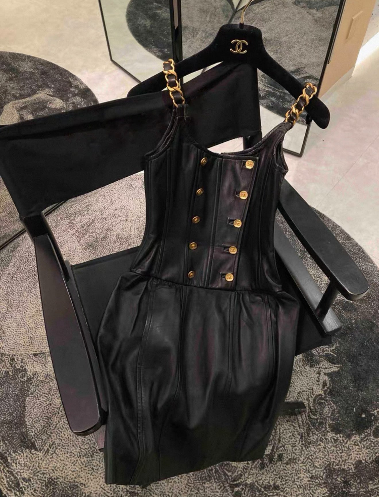 Rare Chanel 1993 Black Leather Dress with Gold Chain, FR36