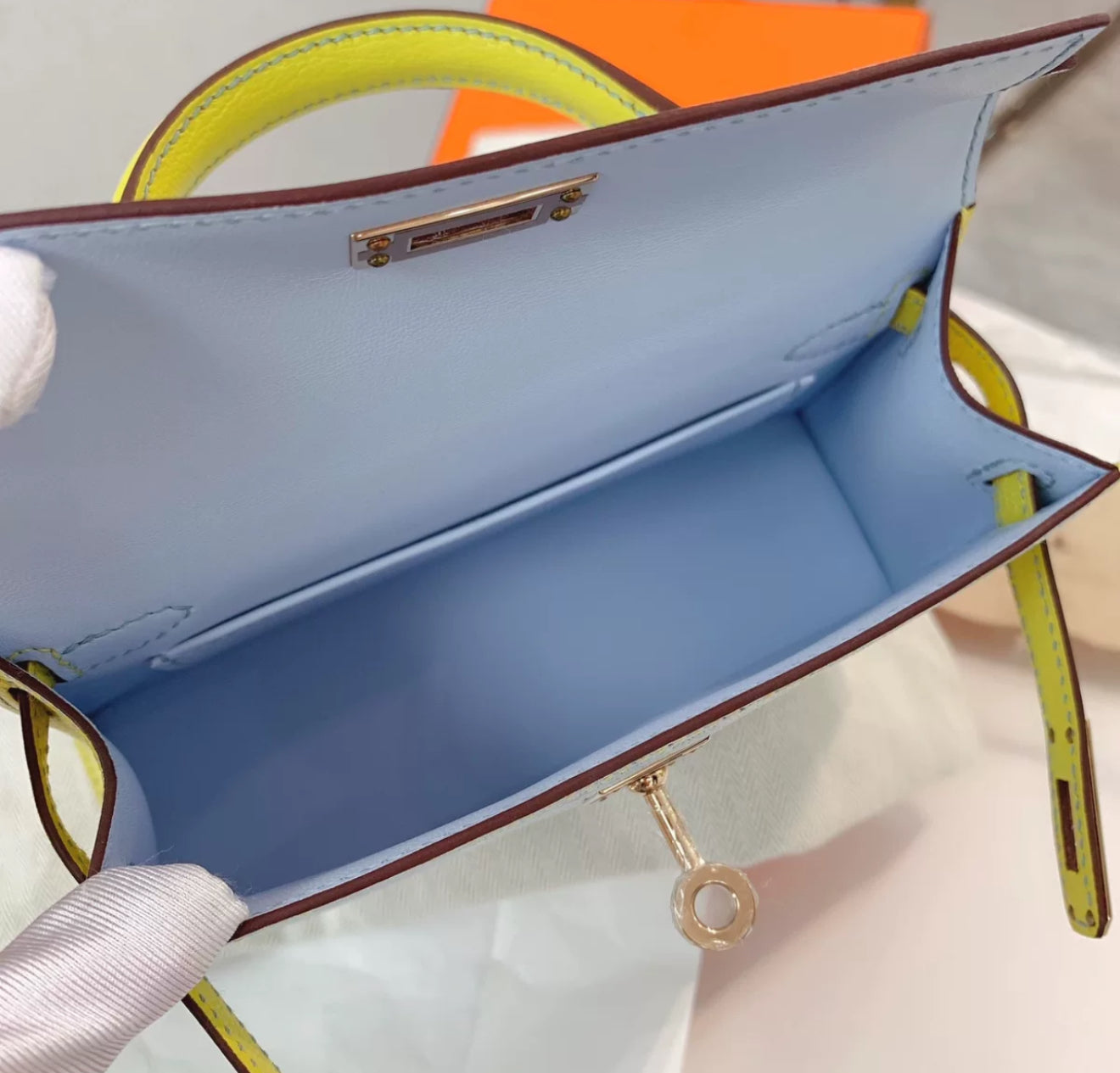 Hermès Mini Kelly Blue  Yellow Goatskin Leather Gold Hardware
