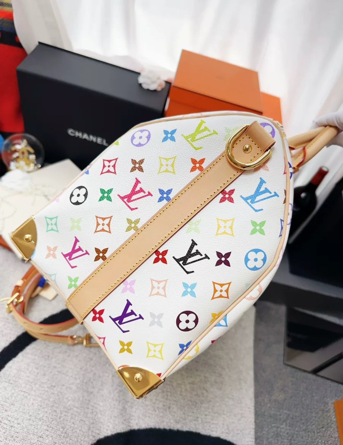Louis Vuitton LV x Takashi Murakami Keepall 45 travel bag, white tri-color print