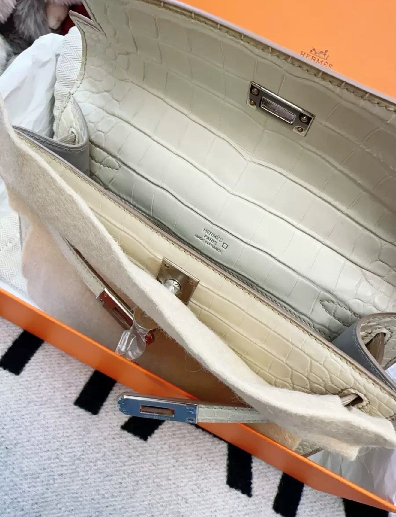 Hermes Kelly Pochette White Matte Crocodile Leather Palladium Hardware