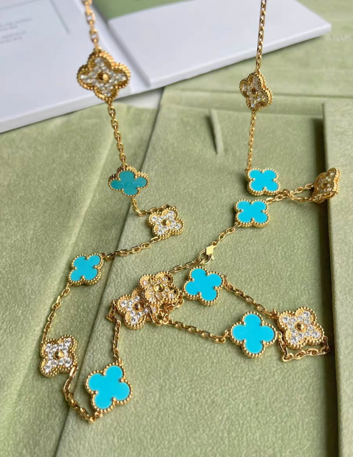 Van Cleef  Arpels Vintage Alhambra Diamond and Turquoise 20 Motif Necklace