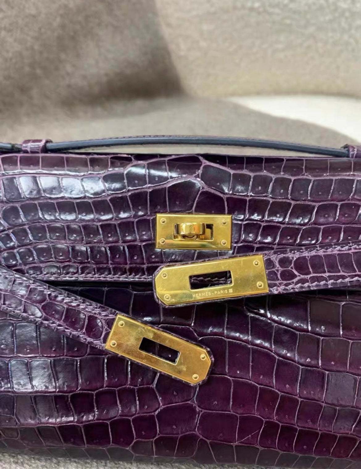 Hermès Kelly Cut Amethysts shiny Crocodile with gold hardware Clutch