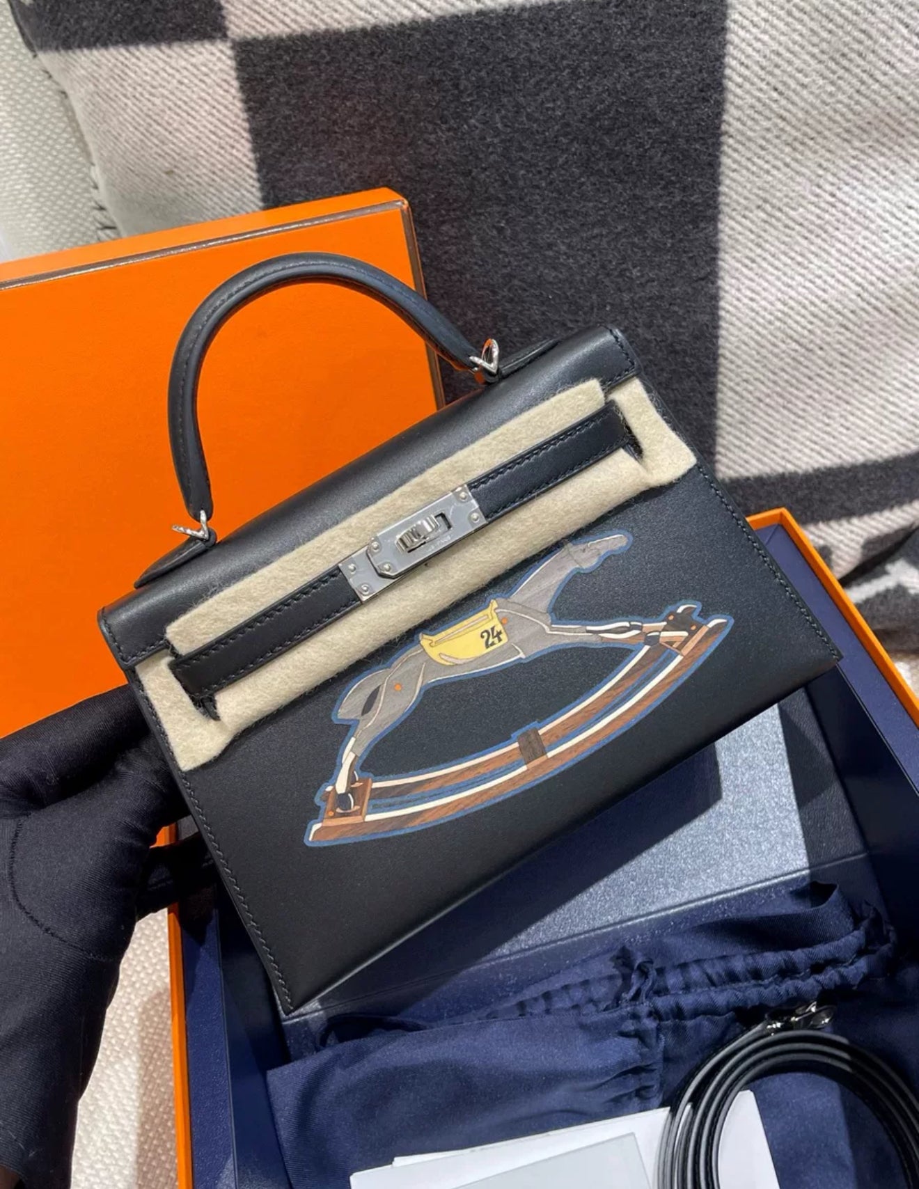 Hermès Mini Kelly Cheval De Bois Noir / Black Tadelakt Palladium Hardware