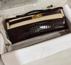 Hermès Kelly Cut Havane Shiny Porosus Gold hardware