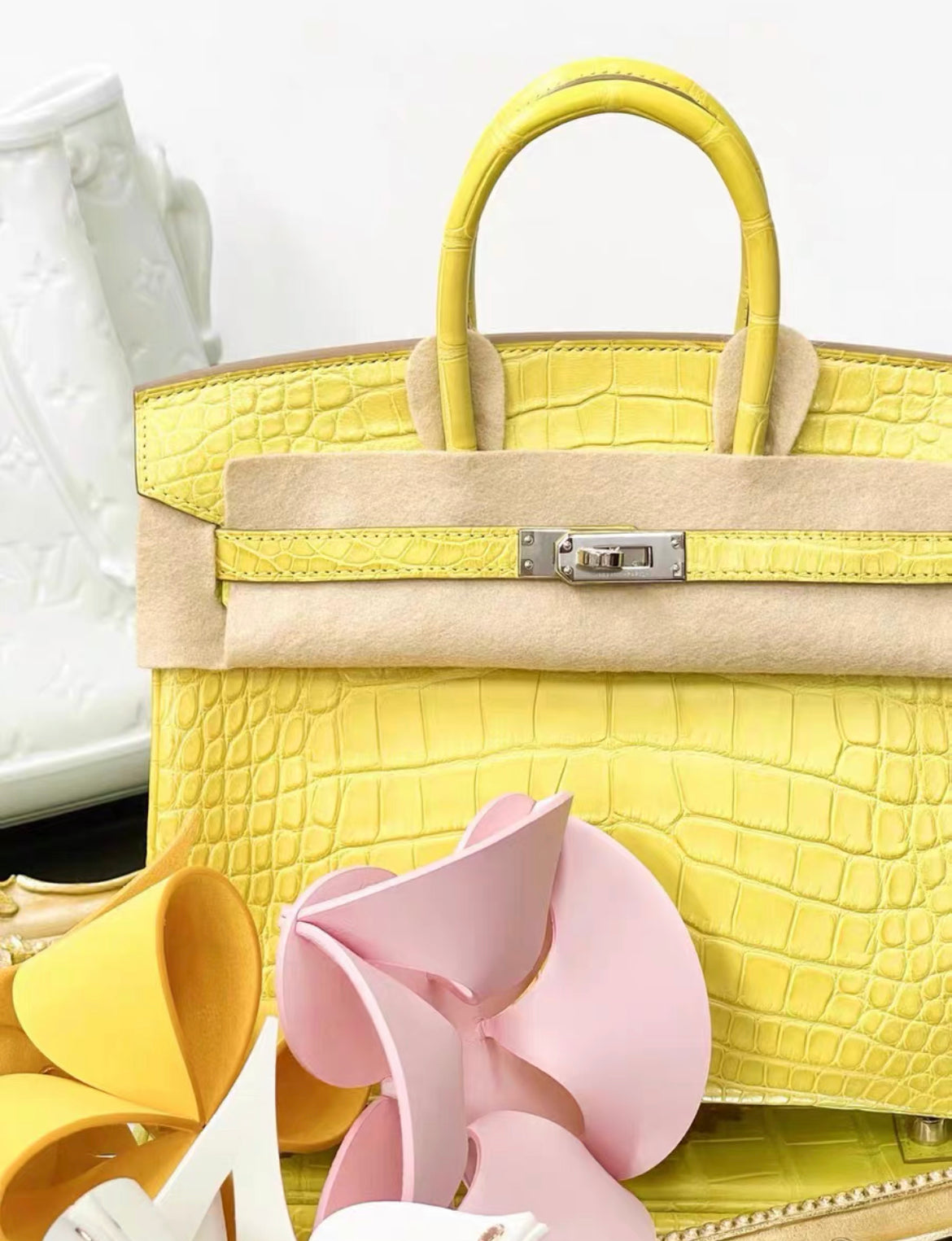 Hermes Birkin 25 Lime Yellow Matte Crocodile Palladium Hardware Handbag