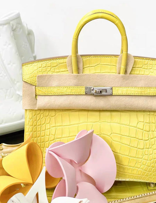 Hermes Birkin 25 Lime Yellow Matte Crocodile Palladium Hardware Handbag