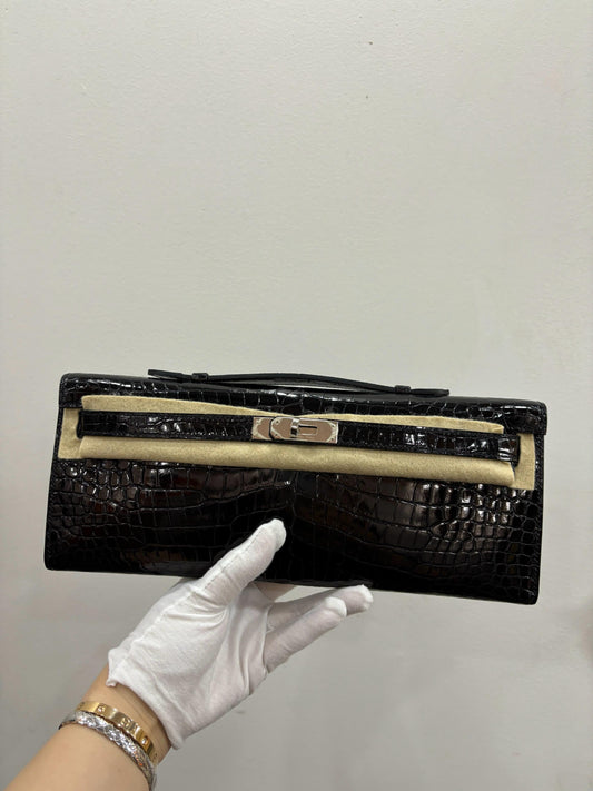Hermès Black Shiny Crocodile Kelly Cut Clutch with Palladium hardware